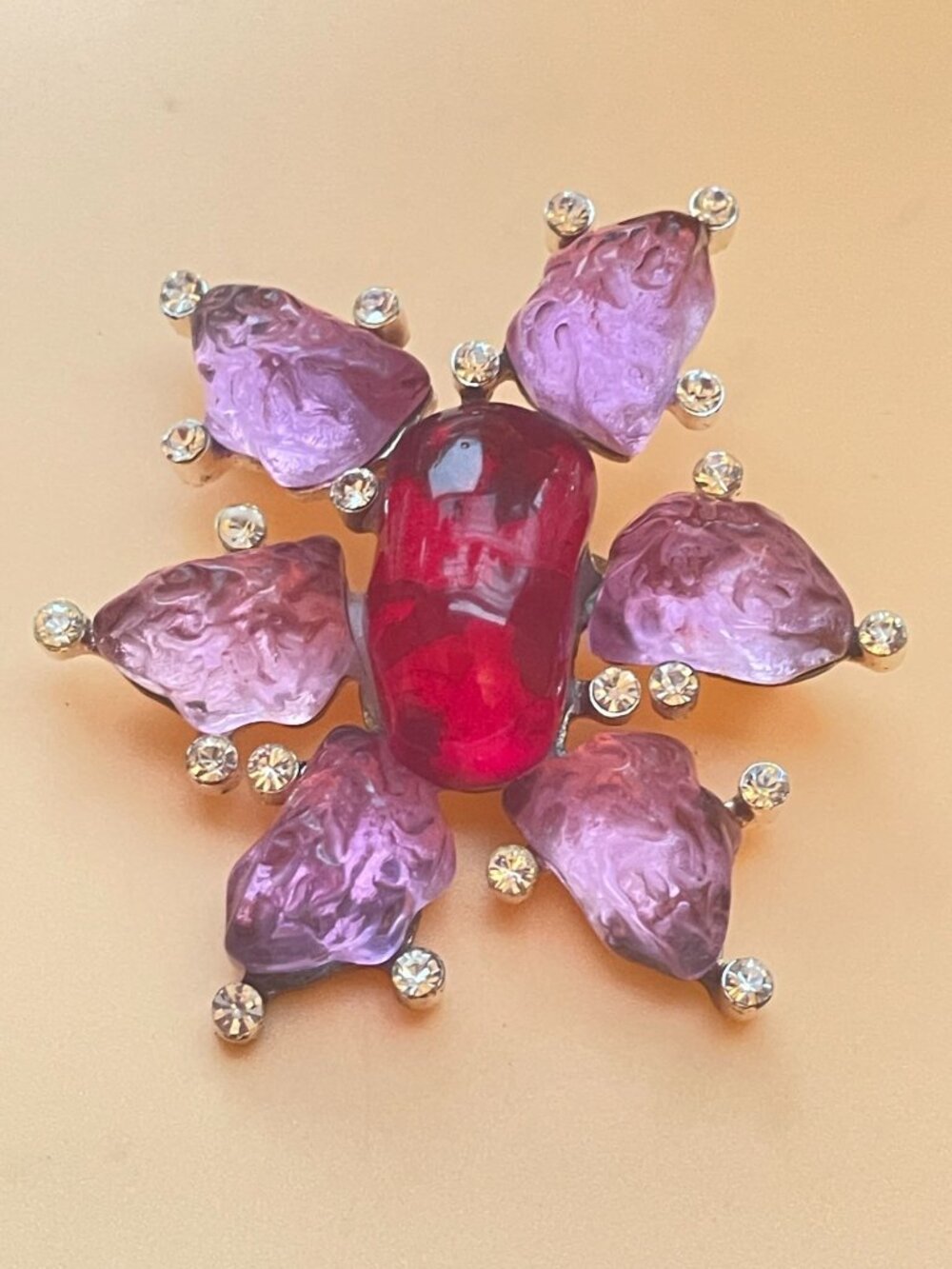 Vtg Cecile & Jeanne Poured Glass Brooch Pendant Gripoix Style W/ Pink Glass & Rh